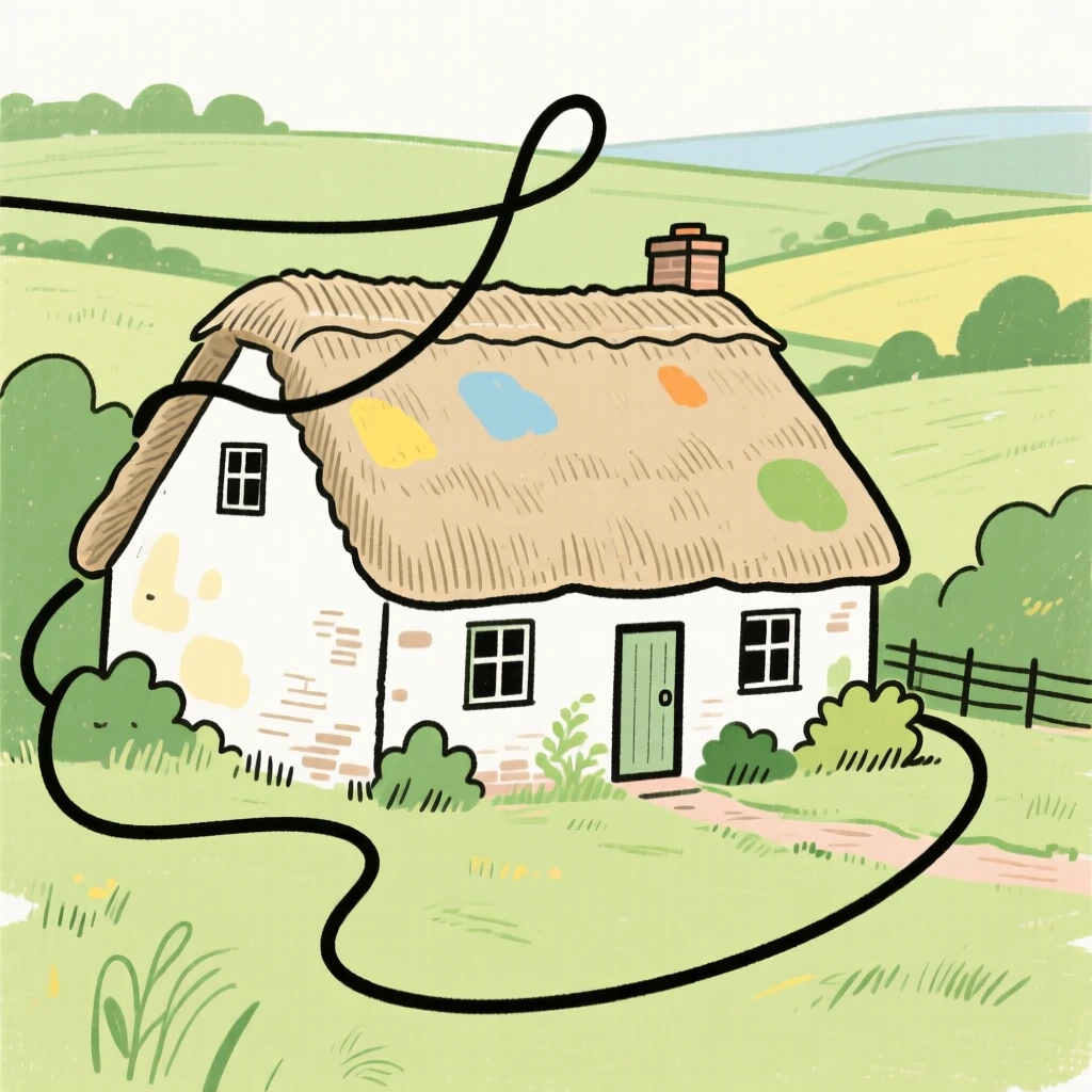 A traditional thatched-roof cottage nestled in a green English countryside.