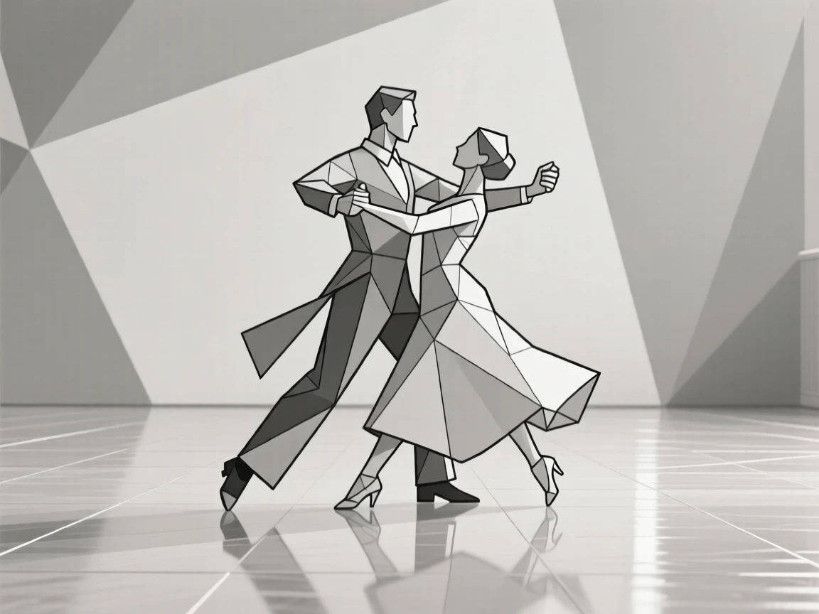 A ballroom dance couple gliding across a polished floor