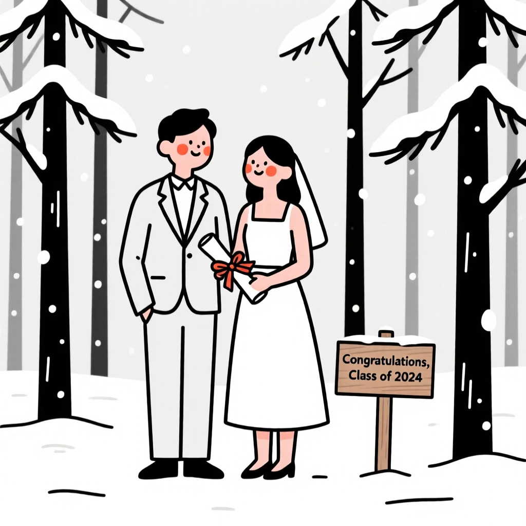 Newlyweds celebrating a graduation, in a snow-covered pine forest.