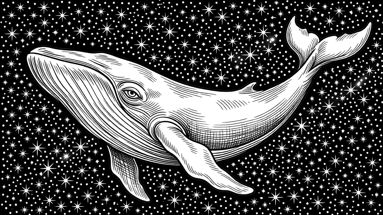 A giant celestial whale swimming slowly through a sky filled with stars.