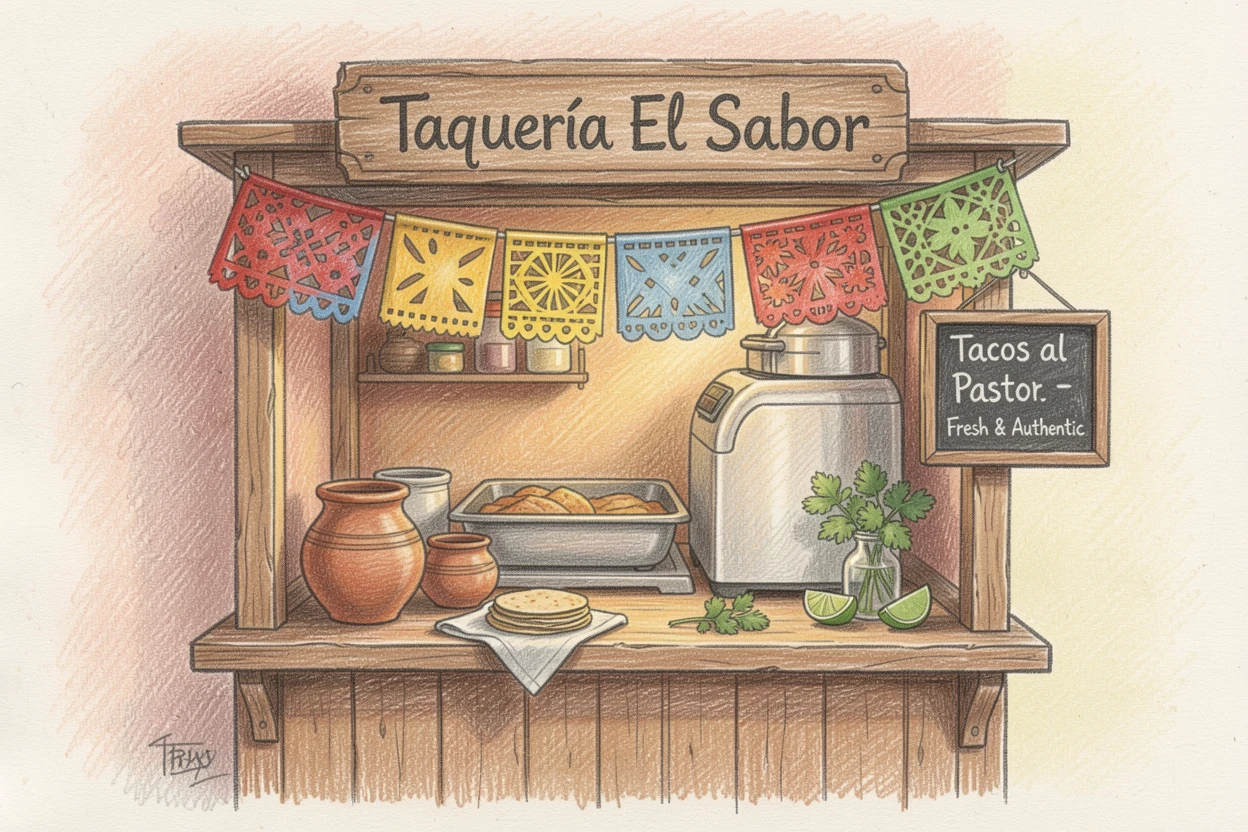 A Mexican taqueria stall decorated with papel picado banners, captured in a quiet, intimate moment full of atmosphere, celebrating a moment people would love to revisit.