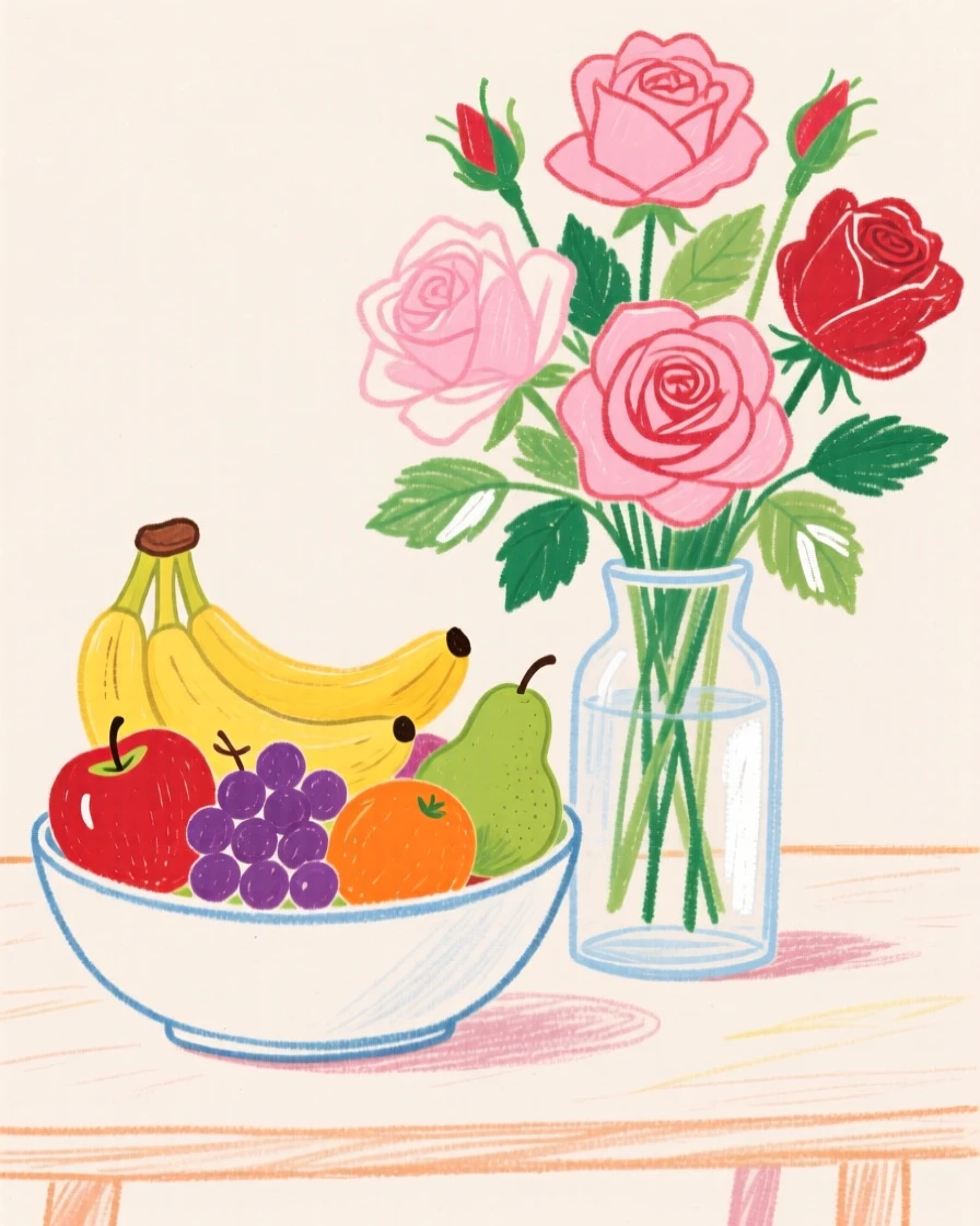 A bowl of fresh fruit arranged neatly beside a vase of garden roses.
