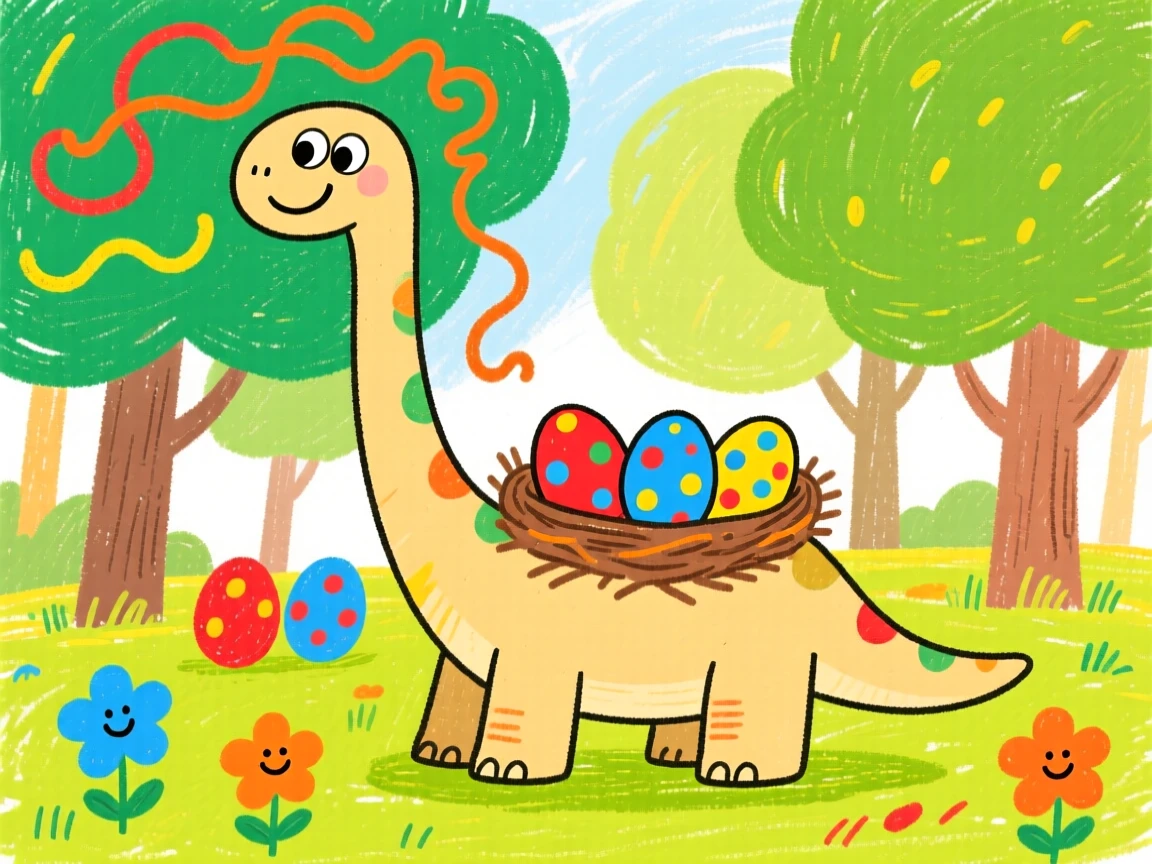 A towering brachiosaurus reaching the treetops near a nest of speckled eggs in a warm clearing.