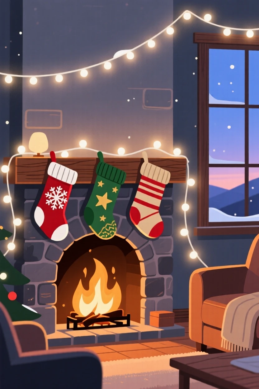 A cozy winter holiday gathering with stockings by the fire, surrounded by twinkling fairy lights at dusk, composed with warm inviting light filling the scene, with warm twinkling lights adding a magical sparkle.