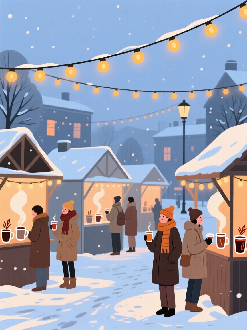 A winter market square glowing with string lights and hot drinks.