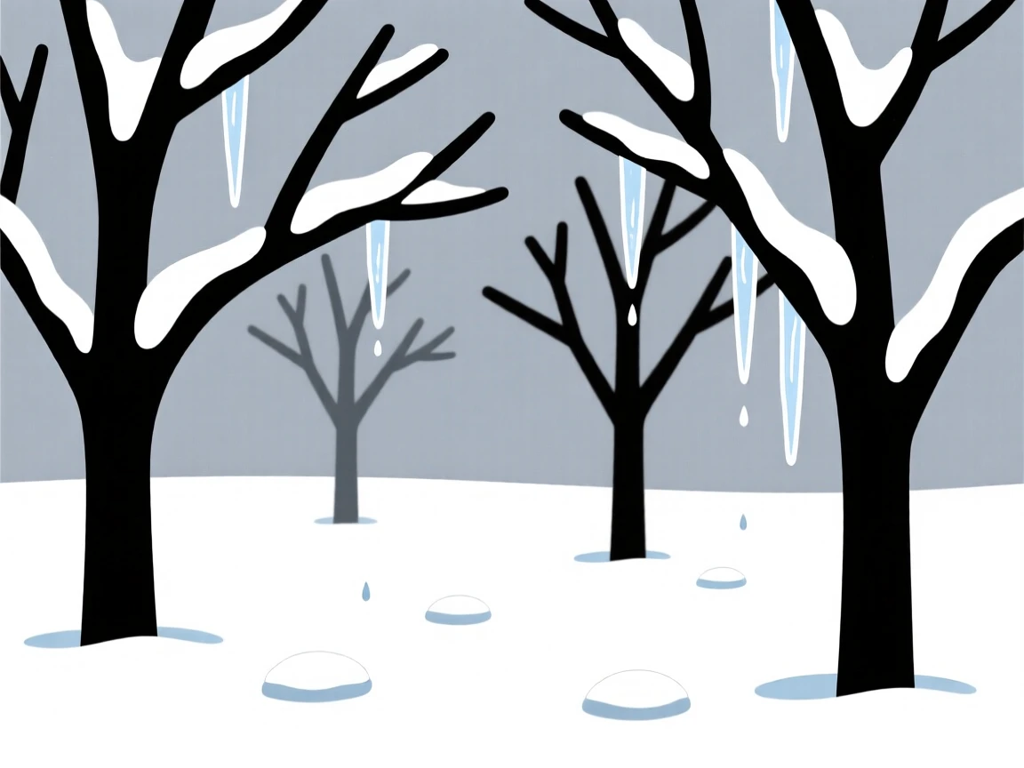 An orchard, transformed by first snowfall of winter, with melting icicles scattered throughout, captures crisp freshness.