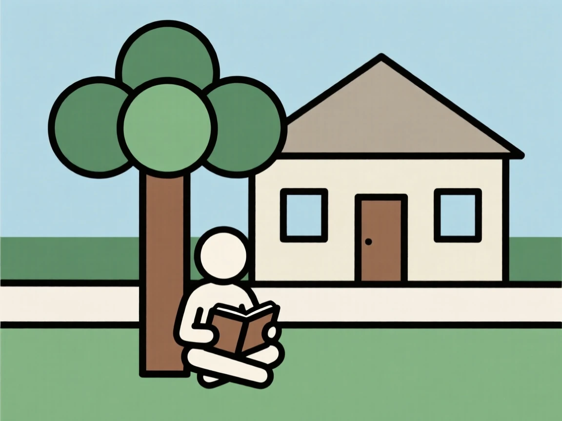 A child reading under a tree in a schoolyard