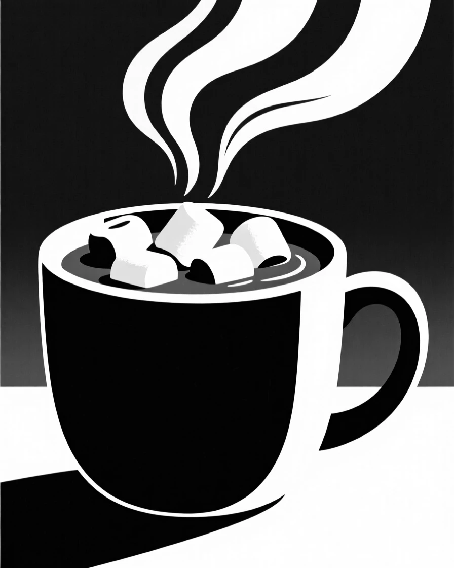 A steaming mug of hot chocolate with marshmallows.