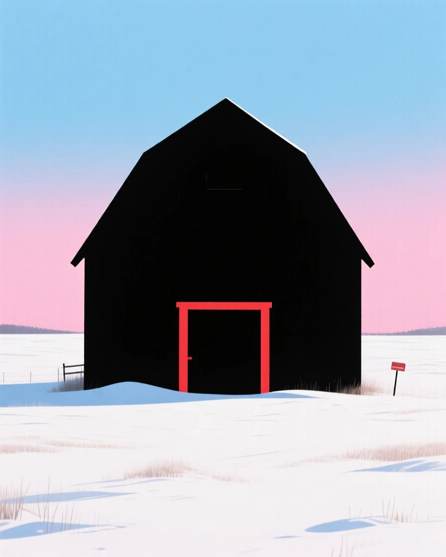 A single red barn standing alone in a snow-covered field.