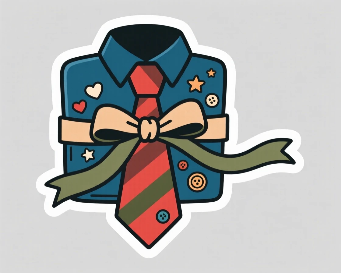 A warmly nostalgic Father's Day necktie wrapped as a gift, decorated with ribbons and small ornaments, during a beloved yearly tradition.