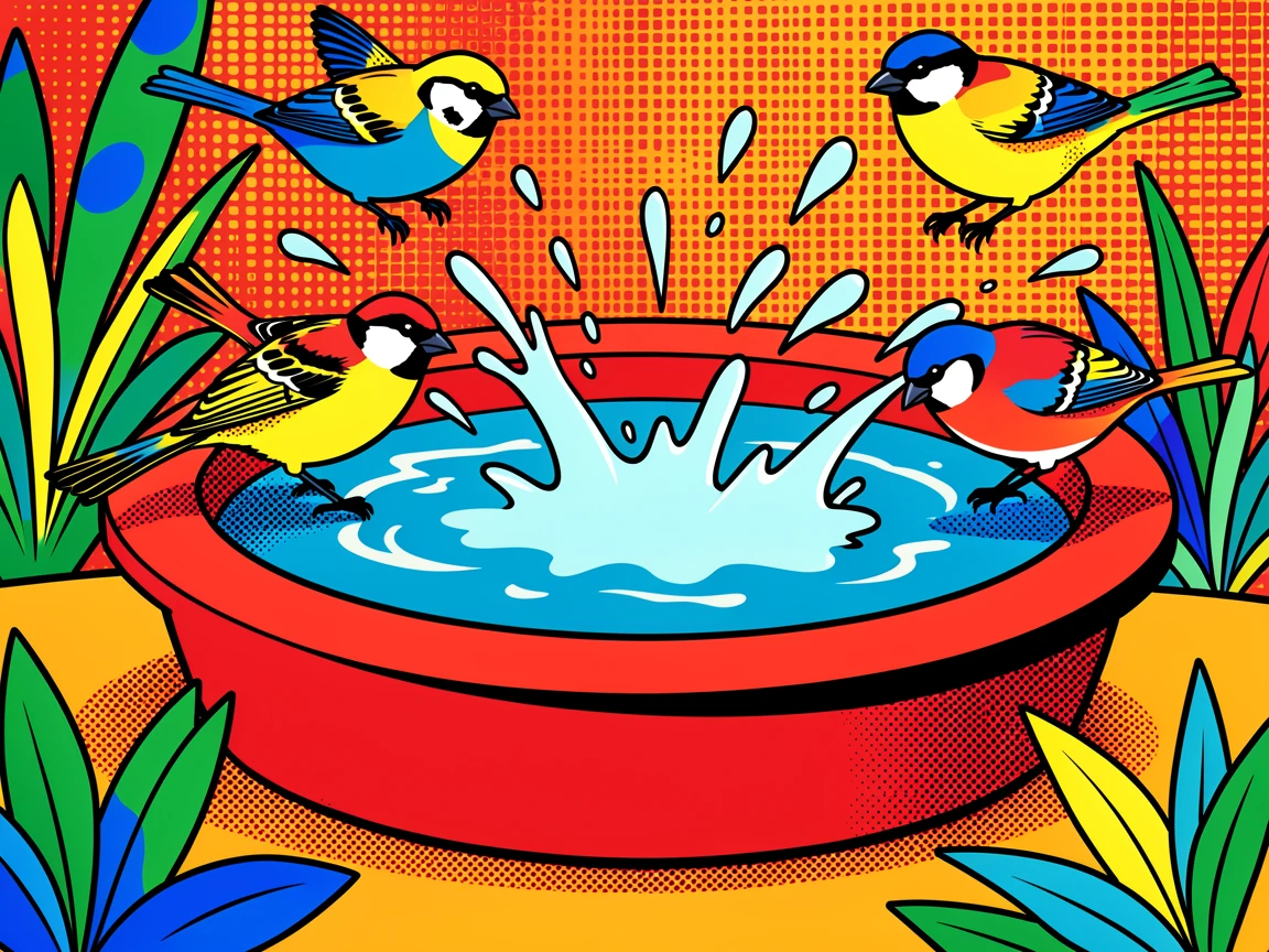 A bird bath in a garden with sparrows splashing playfully