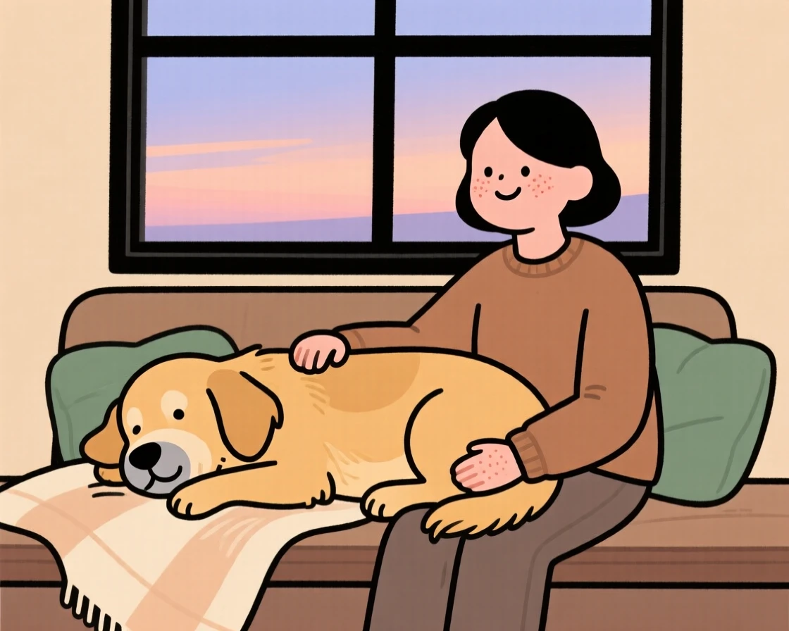 A old golden retriever rests its head on its owner's lap during a quiet evening on the window seat, both perfectly content.