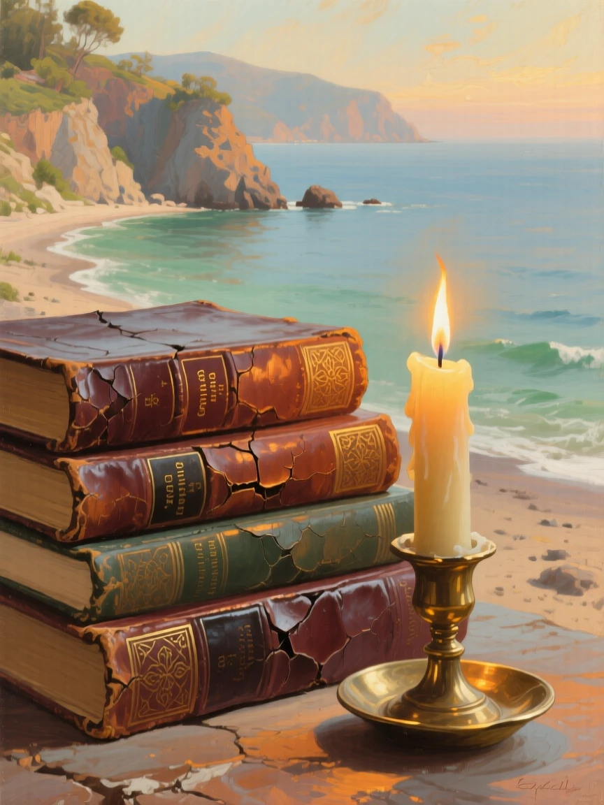 A close-up view of a stack of leather-bound books beside a lit candle, along the Turkish coast, in late spring.