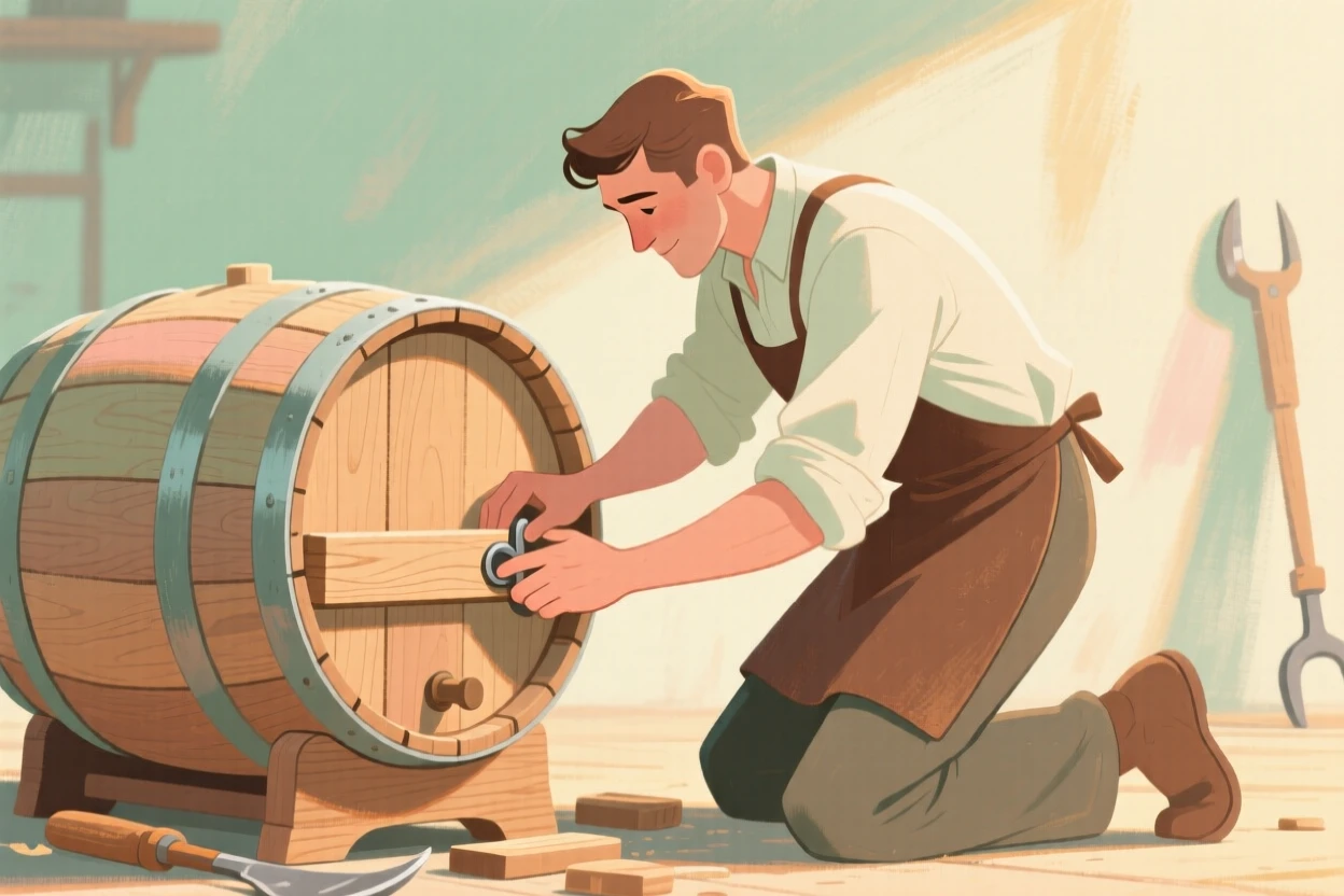A cooper fitting wooden staves together to build a barrel