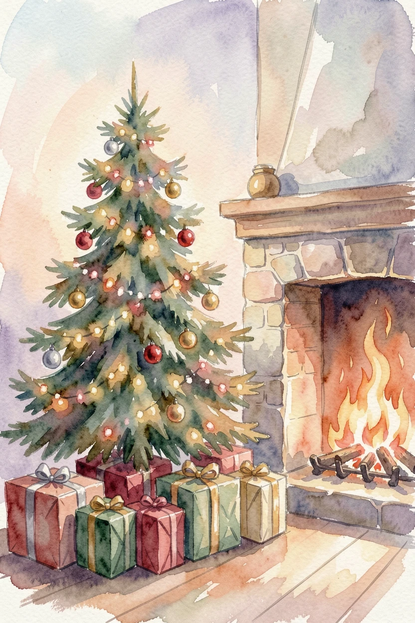 A Christmas morning scene with gifts under a glowing tree with a crackling fire nearby.