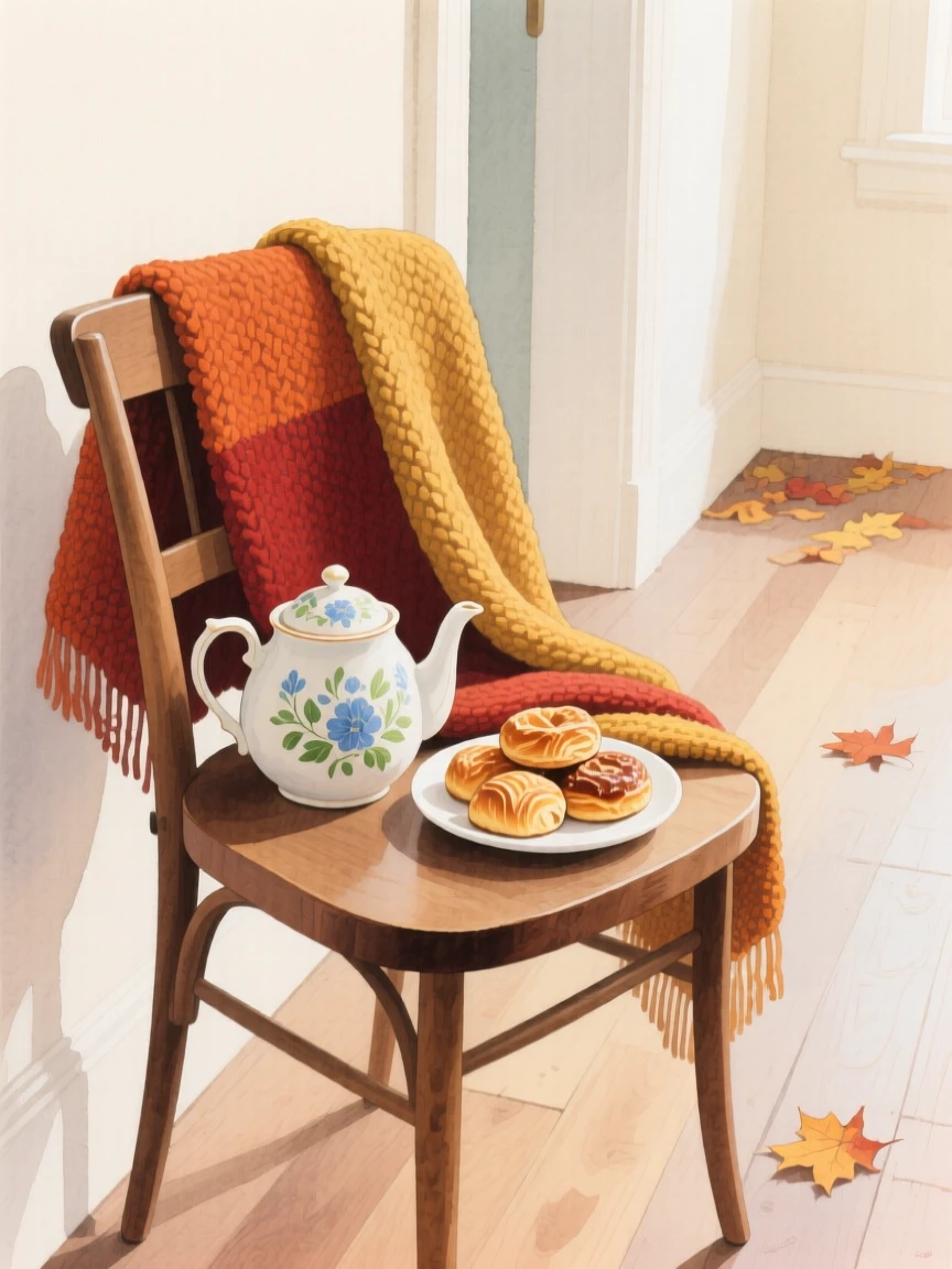 A charming view of an autumn-decorated hallway, with a knitted blanket draped over a chair, featuring a vintage teapot and a plate of pastries