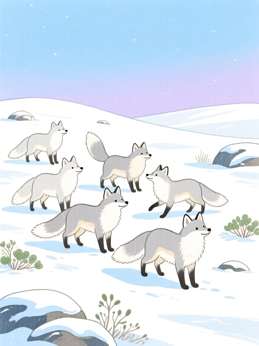 An exciting view of a group of arctic foxes in a snowy tundra.