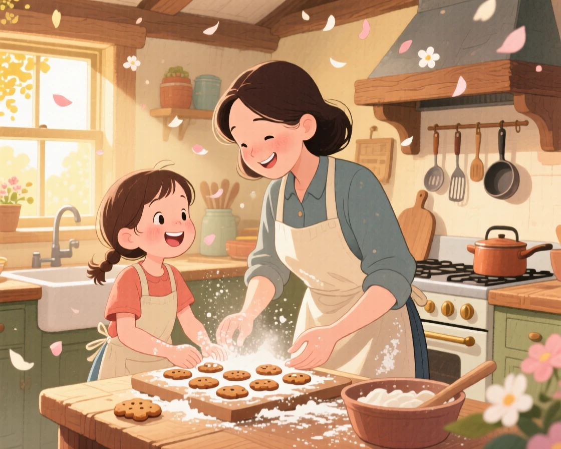 A mother and daughter baking cookies together, flour dusted on their aprons, in a warm farmhouse kitchen filled with afternoon light, with flower petals drifting through the air, a tender bond of love passed between generations.