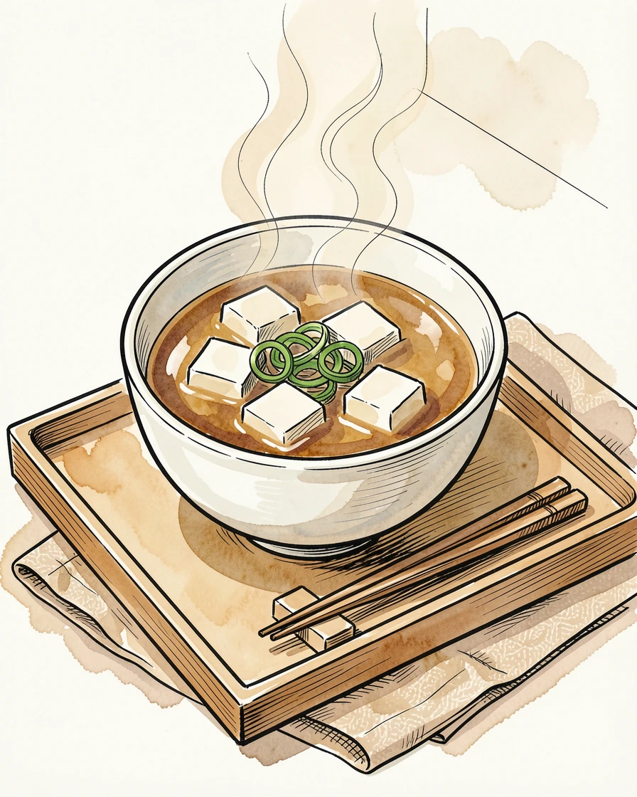 A steaming bowl of miso soup with tofu and scallions on a wooden tray, a cozy, homemade atmosphere filling the scene.