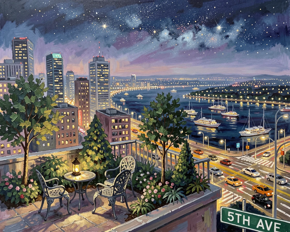 On a clear night, city lights sparkling beneath a starry sky, a rooftop garden overlooking a sprawling metropolis, overlooking a harbor filled with ferries and boats, taxis streaming through the intersections below.
