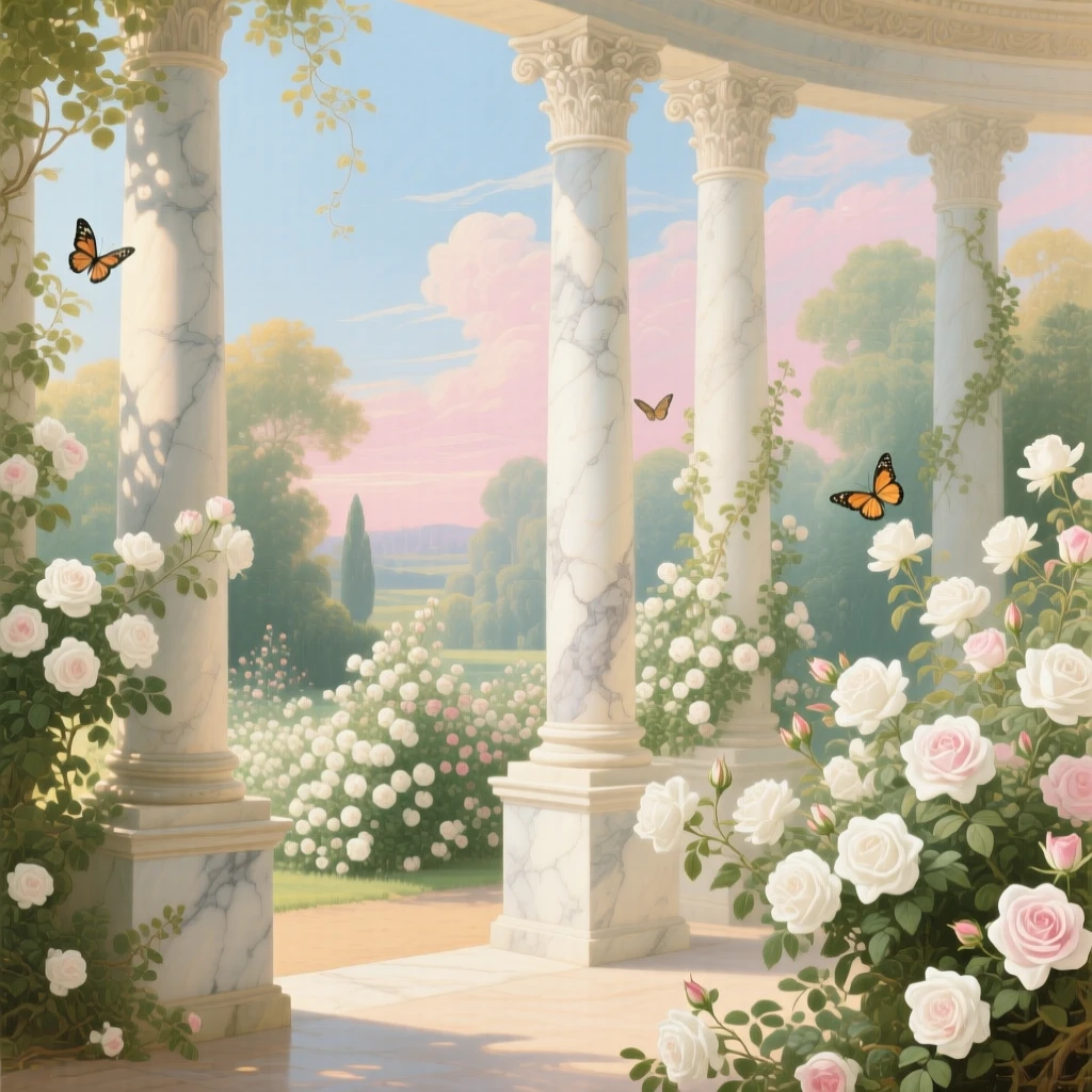A marble colonnade opening onto a garden filled with white roses  