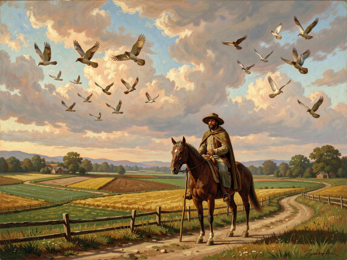 A wandering shepherd rides through a patchwork of farmland beneath a wide sky as birds wheel overhead.