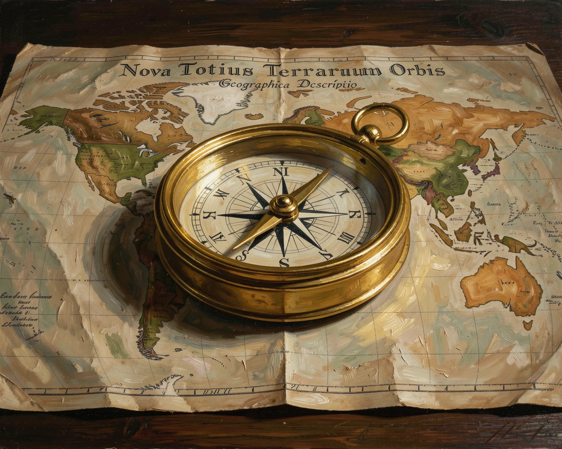 A gleaming golden compass resting atop an antique world map, as delicate shadows fall across the surrounding surface, evoking elegance, refinement, and quiet luxury