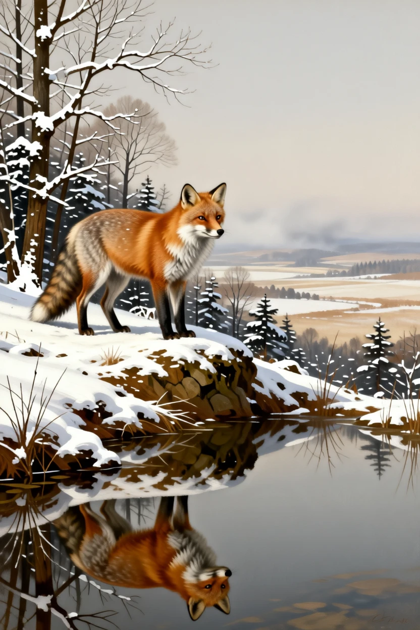 A curious fox pausing at the edge of a snow-dusted forest captured in a moment of wild grace and quiet power, set atop a windswept ridge overlooking a vast, open landscape, with reflections in still water doubling the beauty of the moment; the animal is placed off-center to leave room for the vast, breathing landscape, capturing a quiet, breathtaking moment of wild grace.