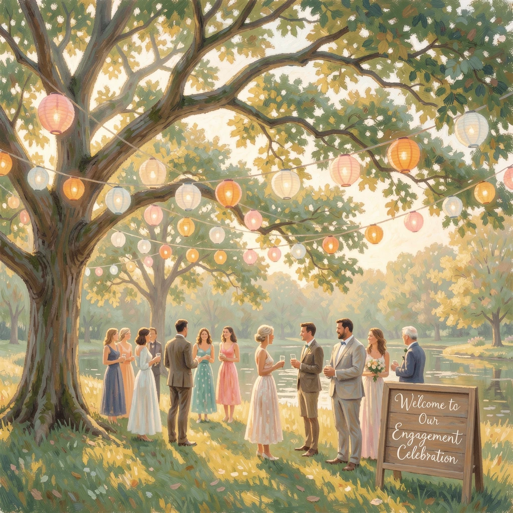 A joyful outdoor engagement party strung with paper lanterns beneath a canopy of old oak trees, capturing a moment of quiet intimacy.