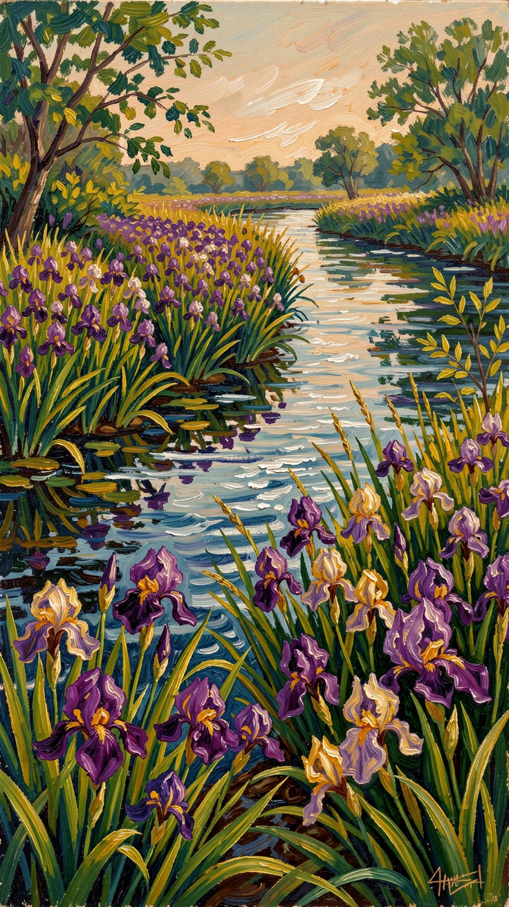 A field of wild irises blooming purple and gold along a quiet stream.