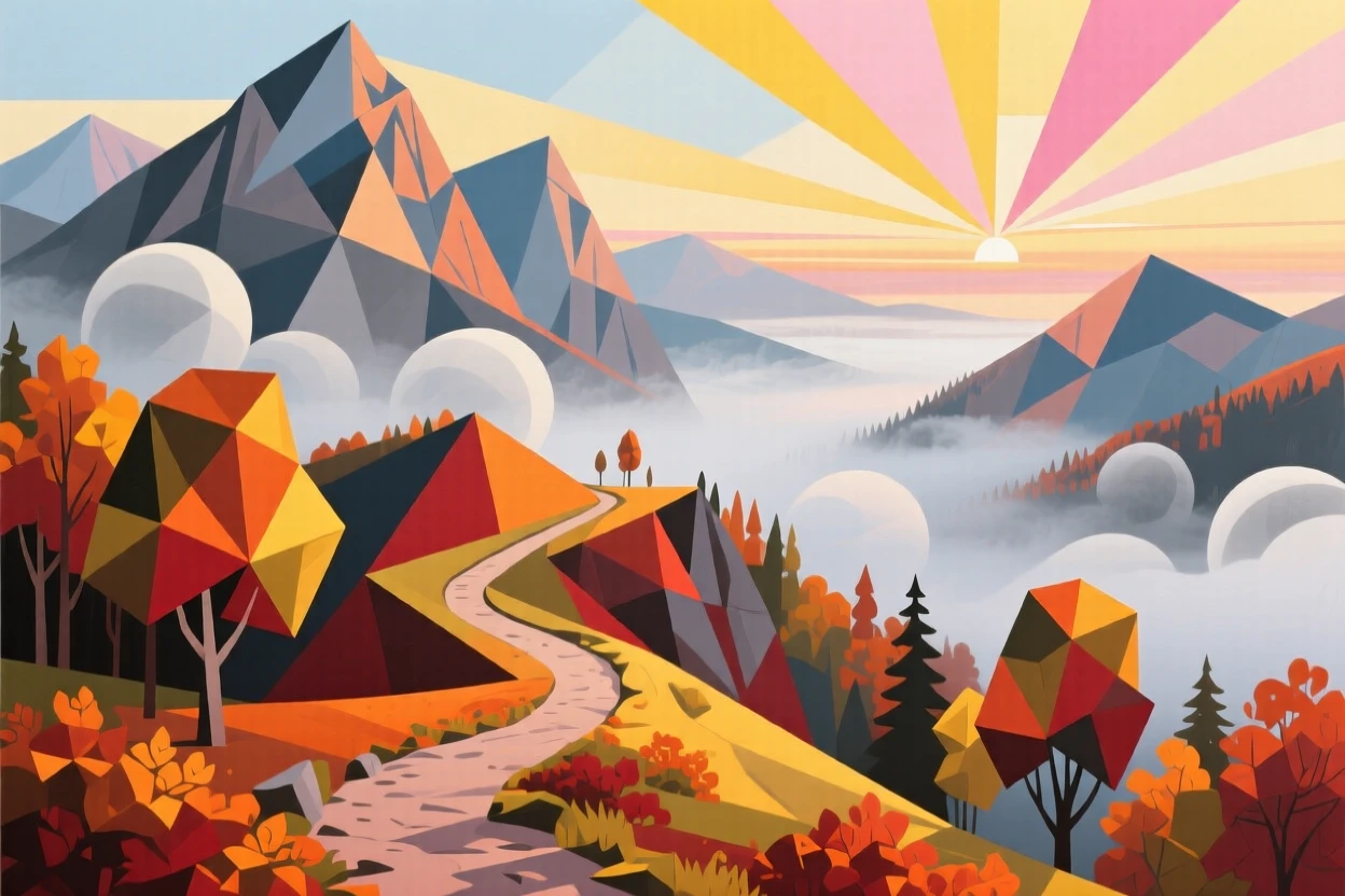 A panoramic view showing a winding mountain trail during a soft misty dawn, during vibrant autumn.