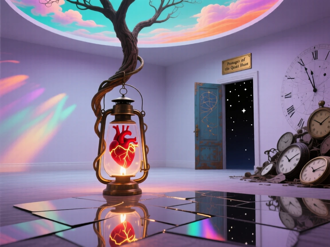 A lantern whose flame is shaped like a tiny beating heart stands quietly at the center of an empty, soft-lit room, while the surrounding space feels calm, still, and open.