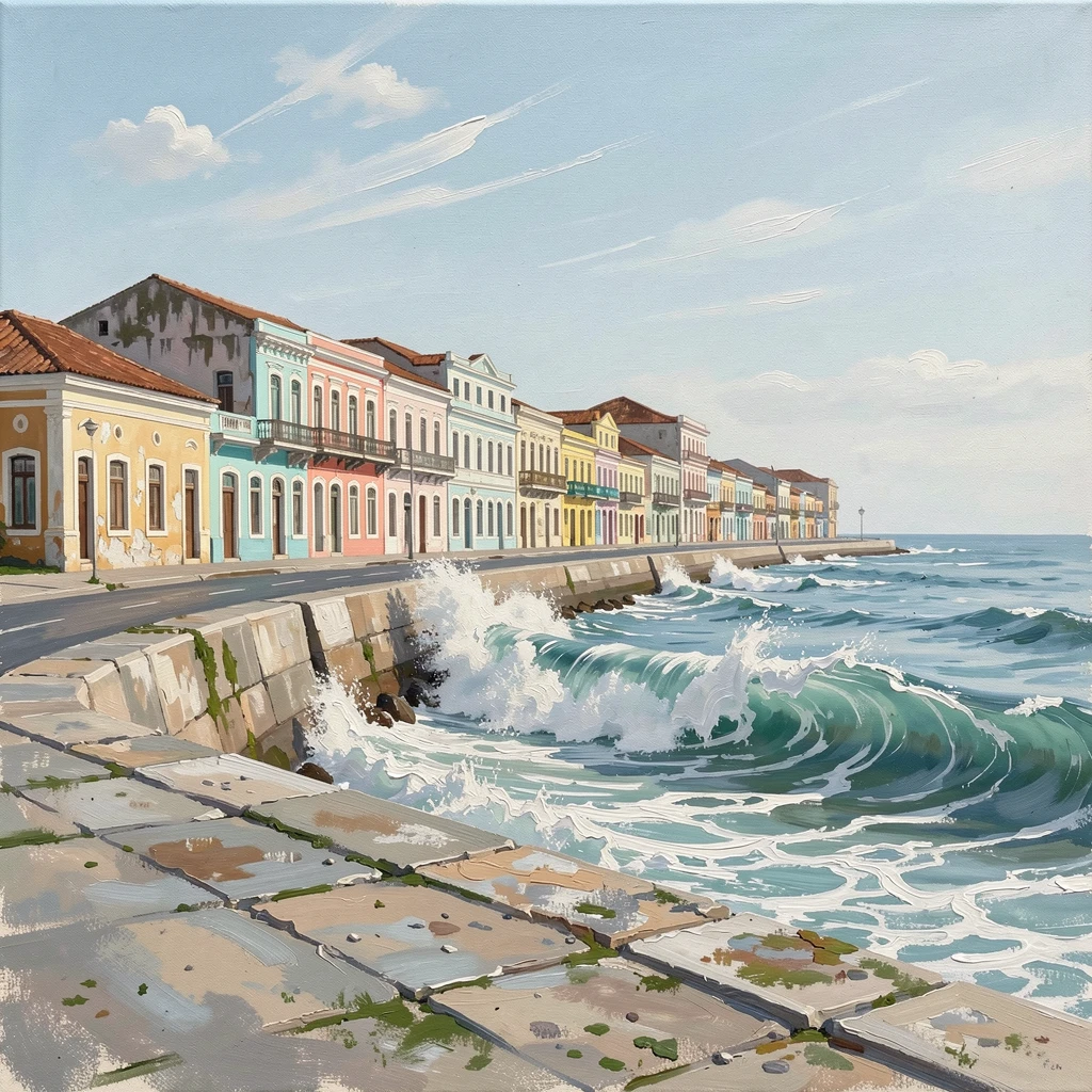 A vibrant view of Havana's Malecón seawall shows waves crashing against the promenade as colorful buildings line the curved coastal road, everything rendered with quiet clarity under the steady, natural light of the hour.