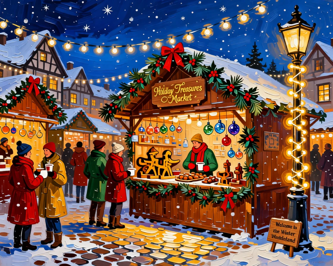 A festive market square filled with wooden stalls and twinkling lights during the holiday season