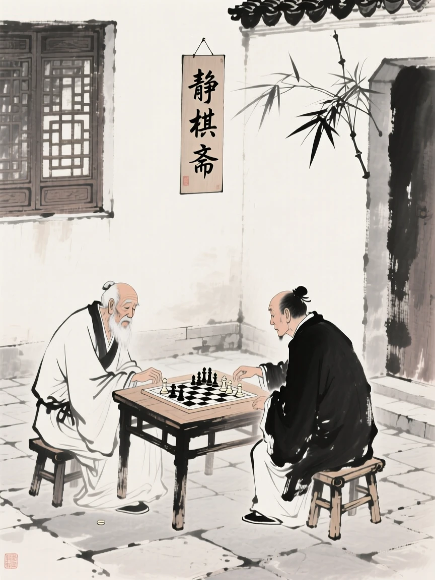 An old man plays a quiet game of chess with a neighbor in a courtyard, as the afternoon light softens across the courtyard.
