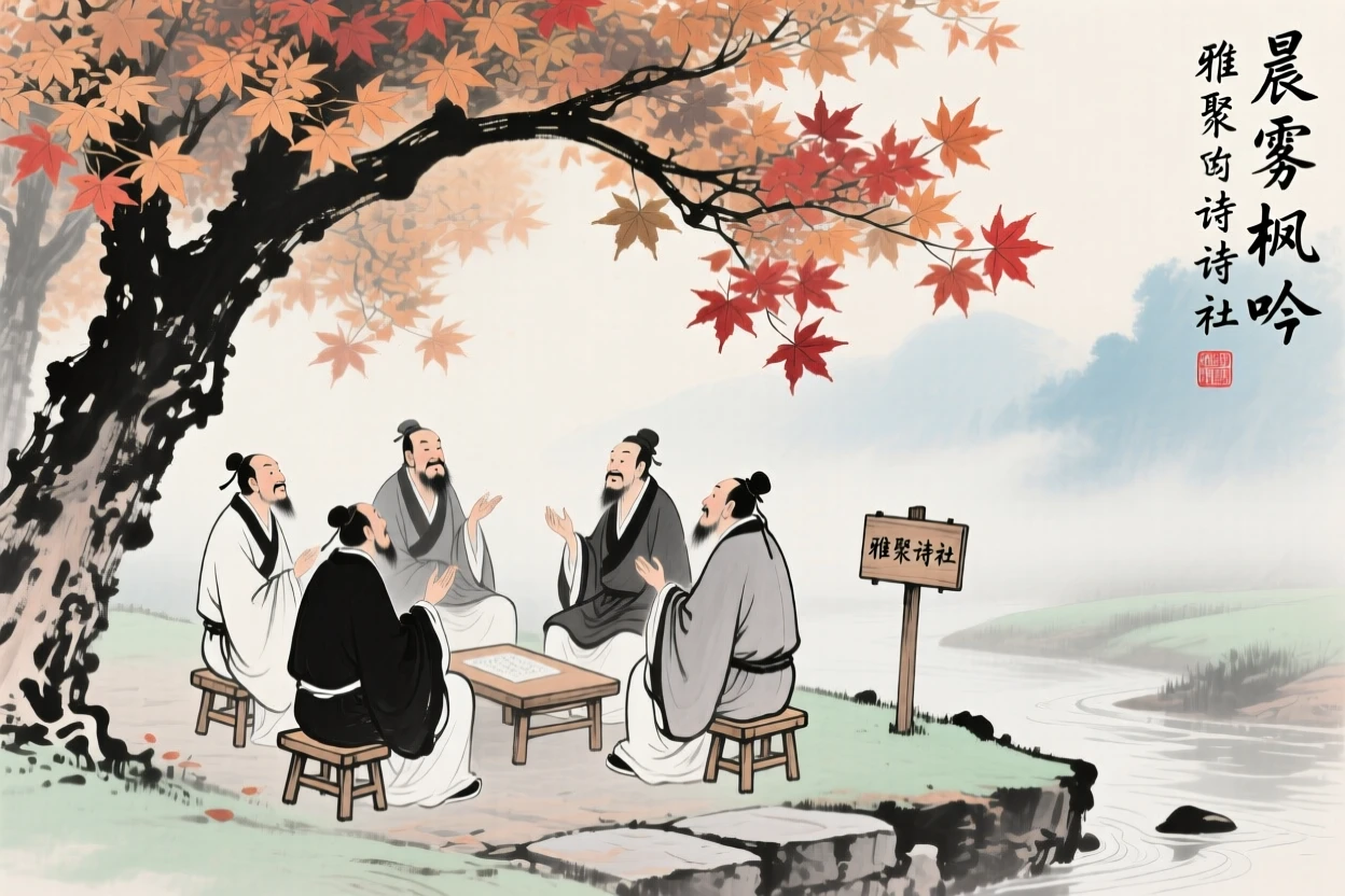 A group of scholars debating poetry beneath a canopy of maple leaves, radiating gentle serenity, as morning mist begins to lift.