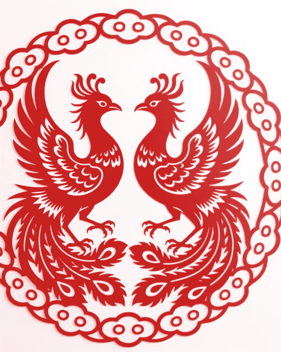 A pair of confronting phoenixes, bordered by a repeating cloud pattern, symbolizing wealth and enduring good fortune.