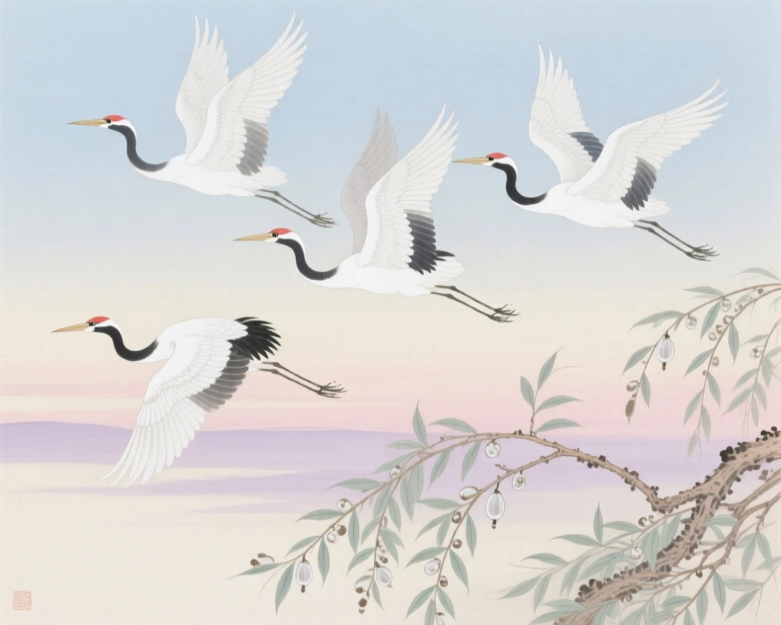 A heron flying in formation across a pale dawn sky, soft morning light filtering through the branches