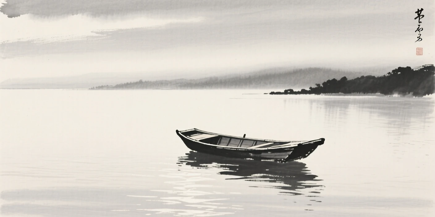 A single empty boat drifting on a still lake beneath a soft, overcast sky, framed with soft, diffused light throughout, conveying a poetic sense of calm and reflection.