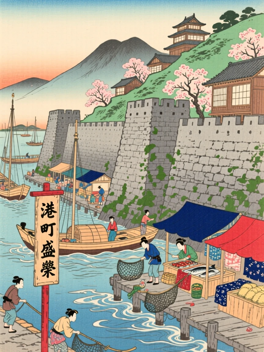A bustling harbor town rising above ancient stone city walls.