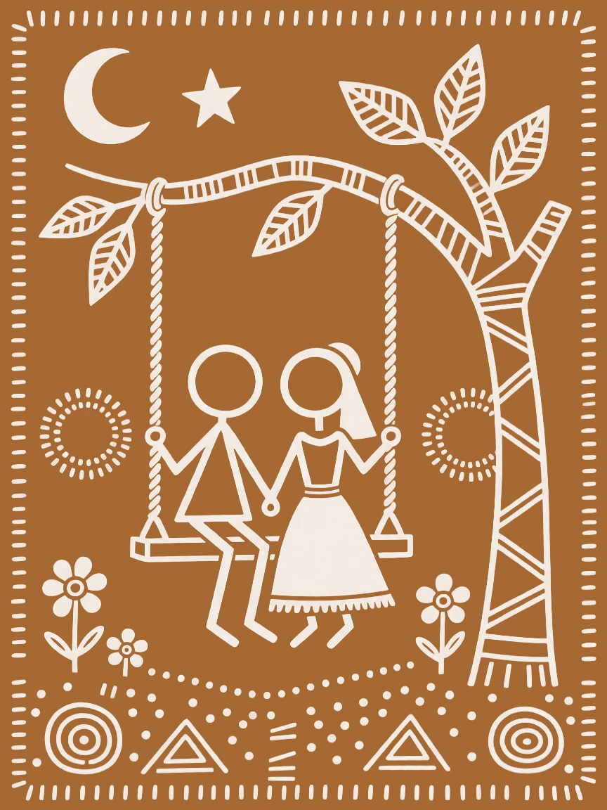 Two newlyweds sitting together on a swing at dusk.