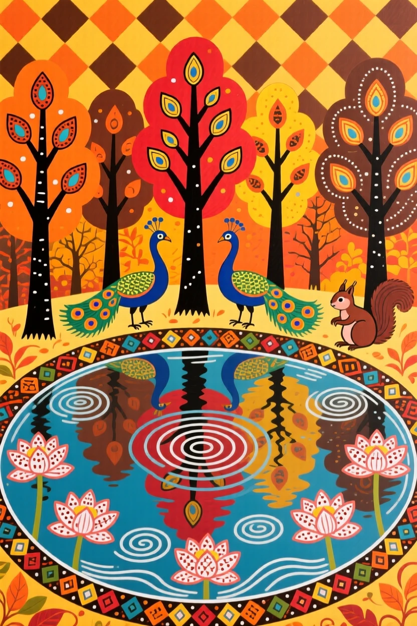 A quiet pond reflecting the colors of an autumn forest.
