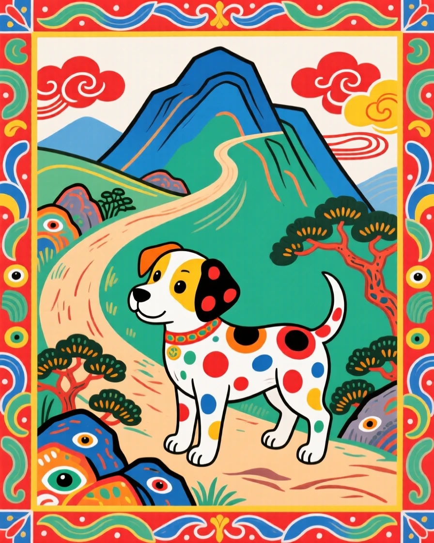A small spotted puppy standing proudly beside a mountain trail.