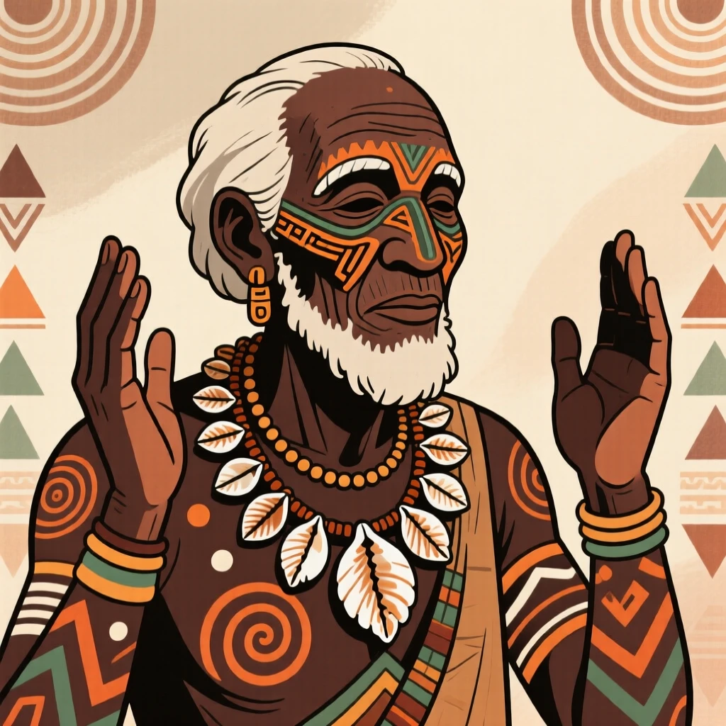 A cowrie-shell necklace worn by an elder during a sacred ritual.