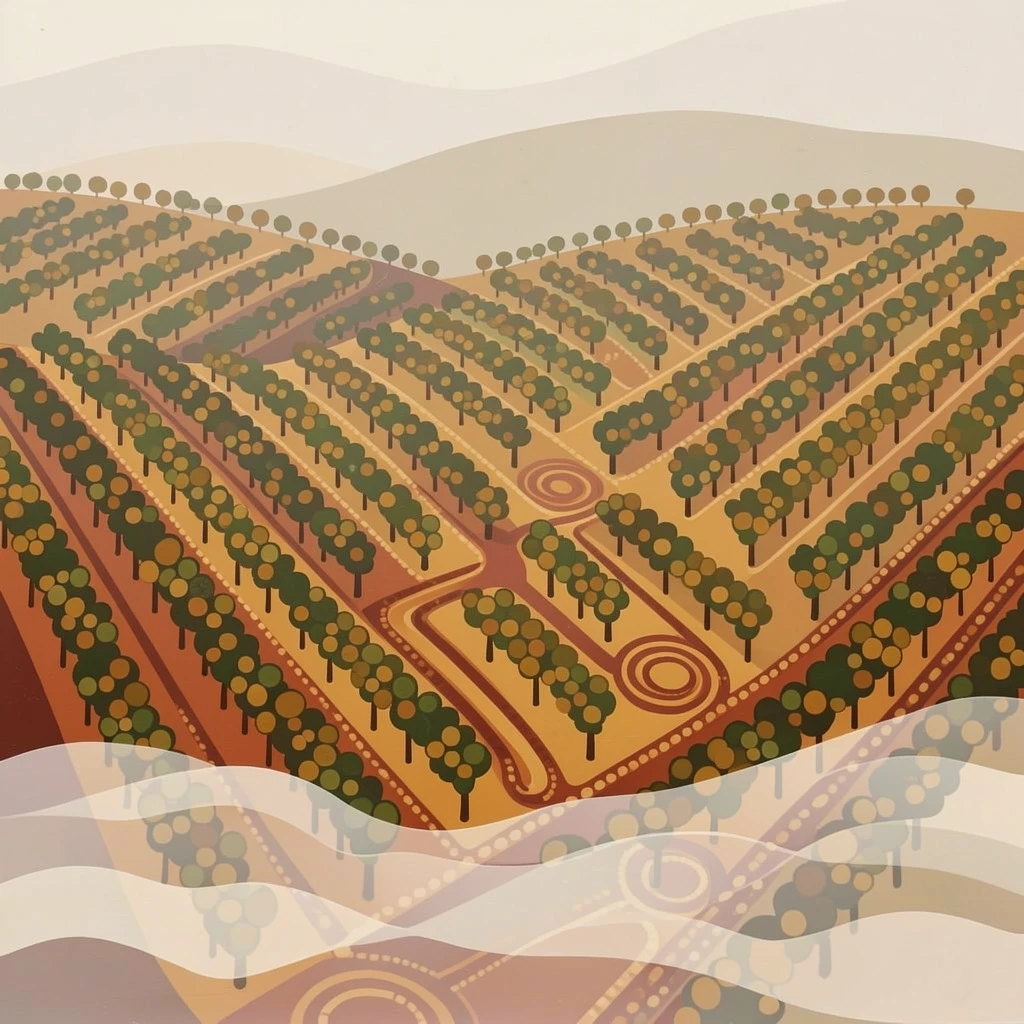 A sprawling vineyard shrouded in morning mist