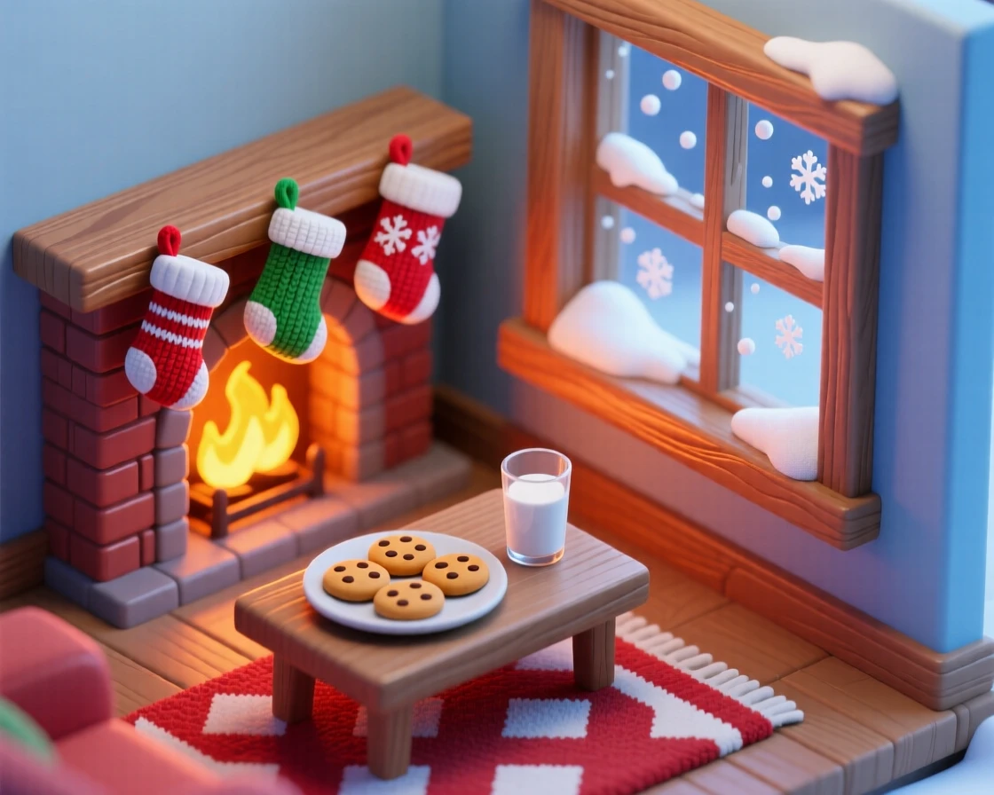A Christmas Eve scene with stockings hung by a crackling fireplace, cookies left for Santa, and snow falling outside the window.