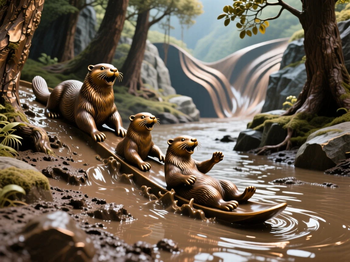A family of otters sliding down a muddy riverbank, framed by dramatic natural scenery, evoking wonder and majesty