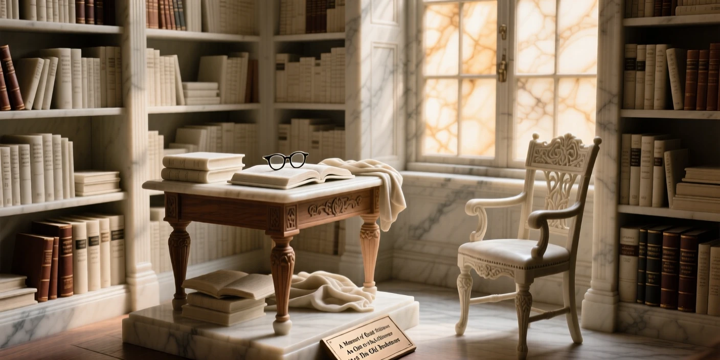 An evocative depiction of an old bookstore filled with warm afternoon light, in a moment of quiet stillness, balancing detail with emotional depth
