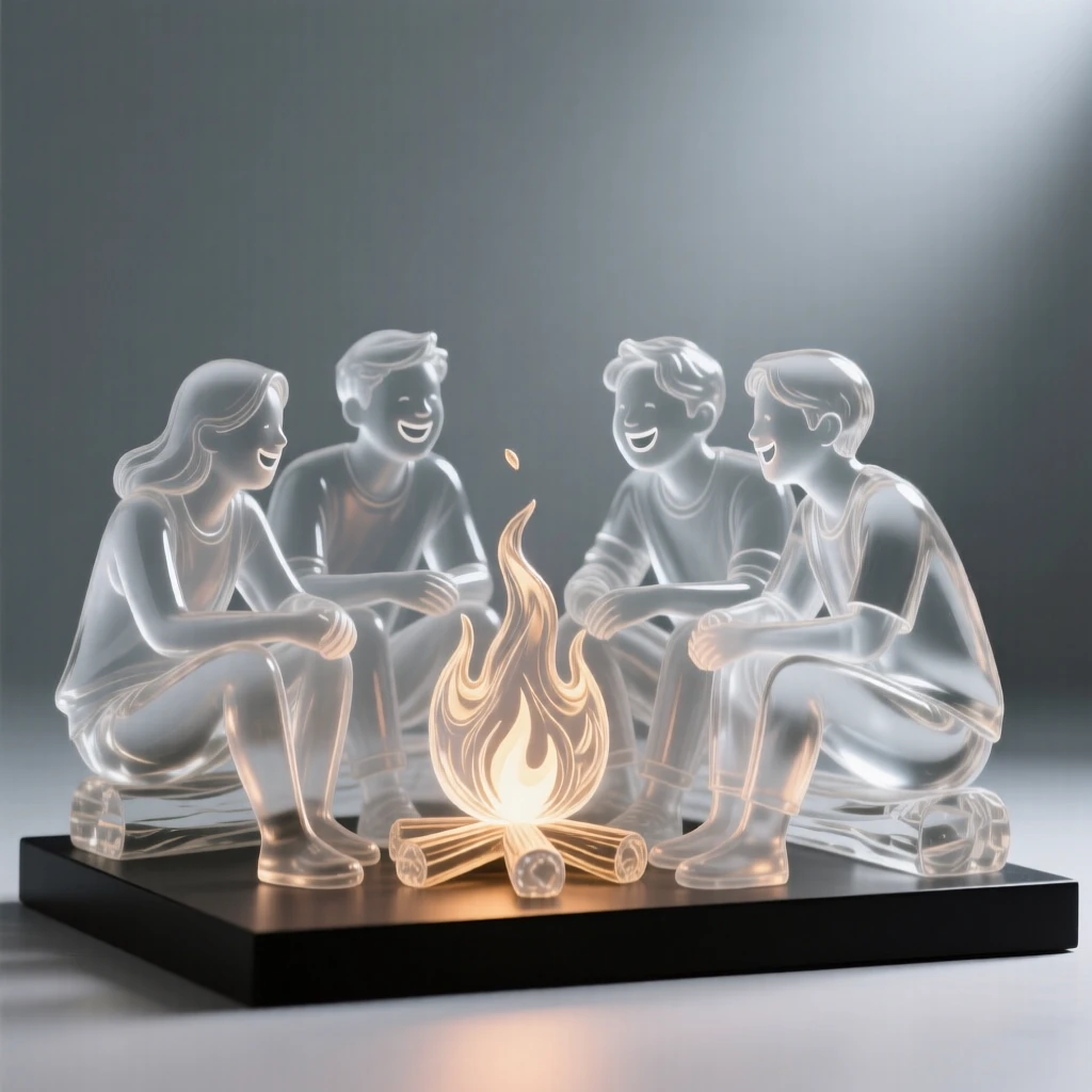 A group of friends laughing together around a campfire while quiet joy fills the space between them