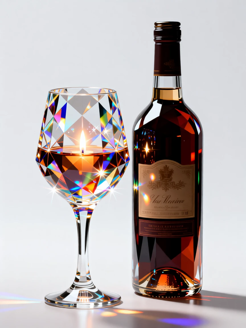 A crystal wine glass catching candlelight beside a bottle of vintage wine.